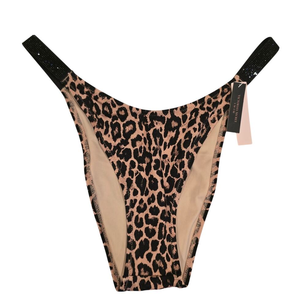 NWT Victoria's Secret Swim Black Shine Strap Brazilian Swim Bottoms Leopard LG